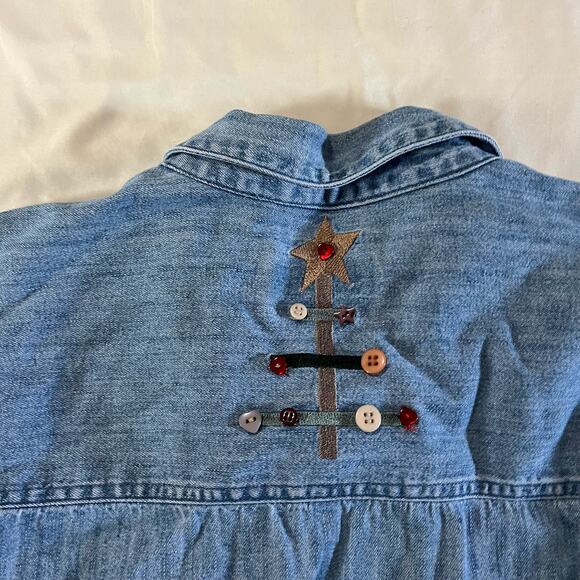 Vtg Y2K 2000s Plus Size Christmas Holiday Denim Shirt Wmns 1X Granny Cottagecore - Picture 9 of 12